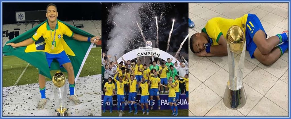 Angelo was part of the Brazilian youth team that won the 2019 South American U-15 Championship. In this snapshot, he is seen jubilantly resting beside his cherished trophy. Credit: Instagram/angelogabriel.