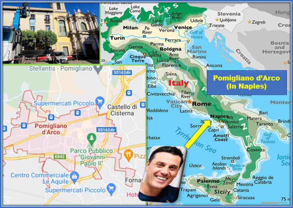 A photo description of Vincenzo Montella's family origin. Image Sources: Google, Instagram/coachmontellaofficial/, Worldatlas.