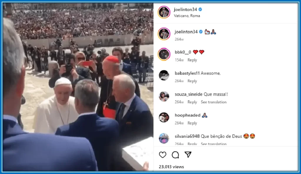 Joe;'s post of meeting Pope Francis at the Vatican. Image Credit: Instagram/joelinton34.