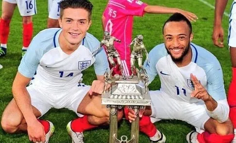 Jack Grealish was celebrating the 2016 Toulon Tournament with a teammate.