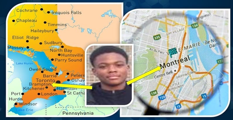 Cyle Larin's Mother (Patricia) has her family origin from Montreal. Also, his birthplace of Brampton is displayed on the map.