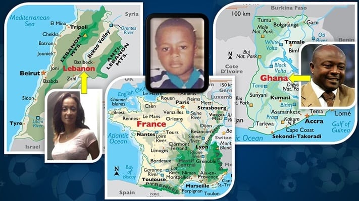 This map portrays Andre Ayew's Ancestry - as seen from his birth country (France), Mother's Family Origin (Lebanon) and Father's Family Origin (Ghana).