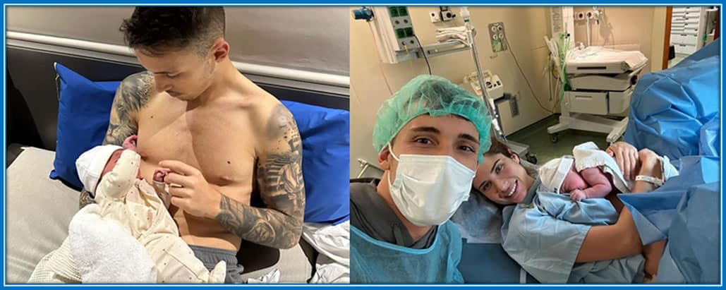 See the moment Alejandro Grimaldo became a dad to his daughter Lucia. Check out how proud the trophy-winning father is. Source: Instagram anafusterg.