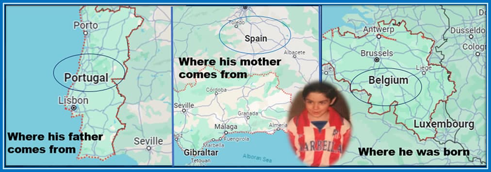 Yannick Carrasco's Family Origin- Portugal, his father's roots; Spain, his mother's lineage; and Belgium, the birthplace of the player. Source: Google maps, Google maps, Google maps.