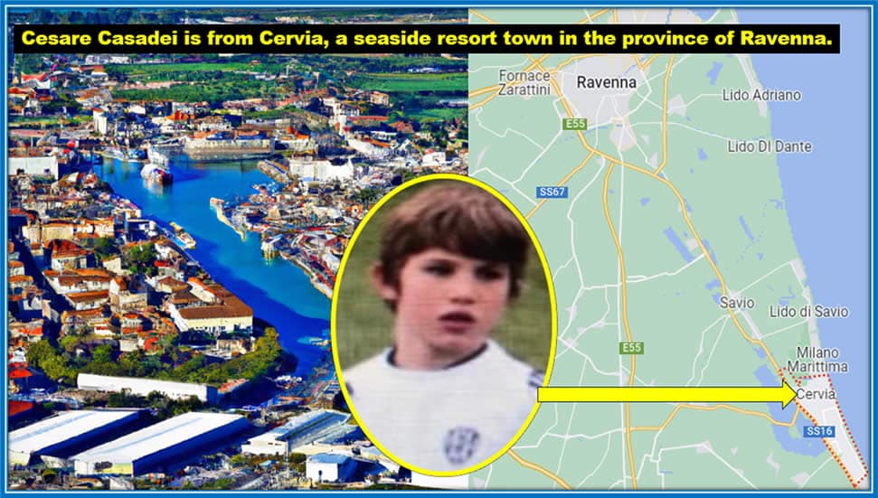 Tracing the Roots: Cesare Casadei's family hails from Cervia, a picturesque seaside town in Emilia-Romagna. Credit: GoogleMaps.