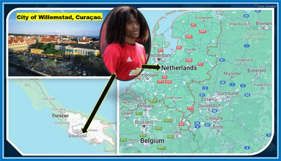 Unveiling the Map of Tahith Chong's Origin and the Land that Shaped a Winger's Destiny. Sources: Britannica, Google: Maps-Netherlands, Google: Maps-Willemstad, Instagram/tahithchong.