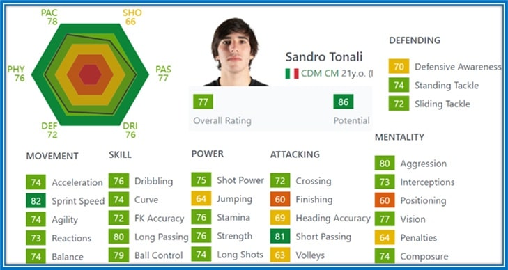 Sandro Tonali's Profile in FIFA is simply amazing.