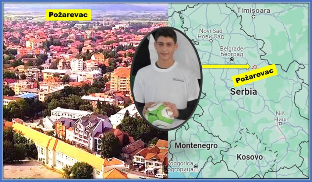 Map showcasing Požarevac, a mining town and the administrative centre of Braničevo District in eastern Serbia, marking the ancestral roots and birthplace of athlete Djordje Petrovic