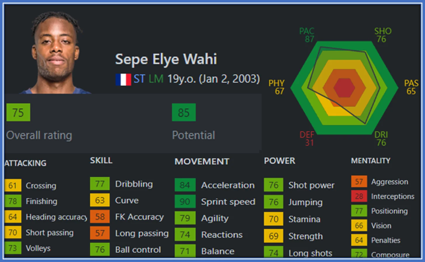 As noticed here, his greatest football assets are Acceleration and Sprint Speed.