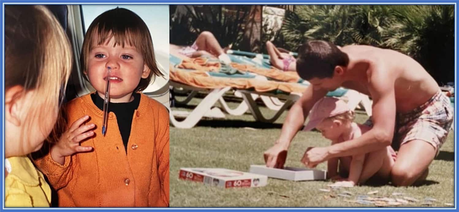 Doing a jigsaw with her dad as a baby shows how intelligent Caragh was as a child. Also, having a pen stuck up her nose means Caragh could be playful as a child.