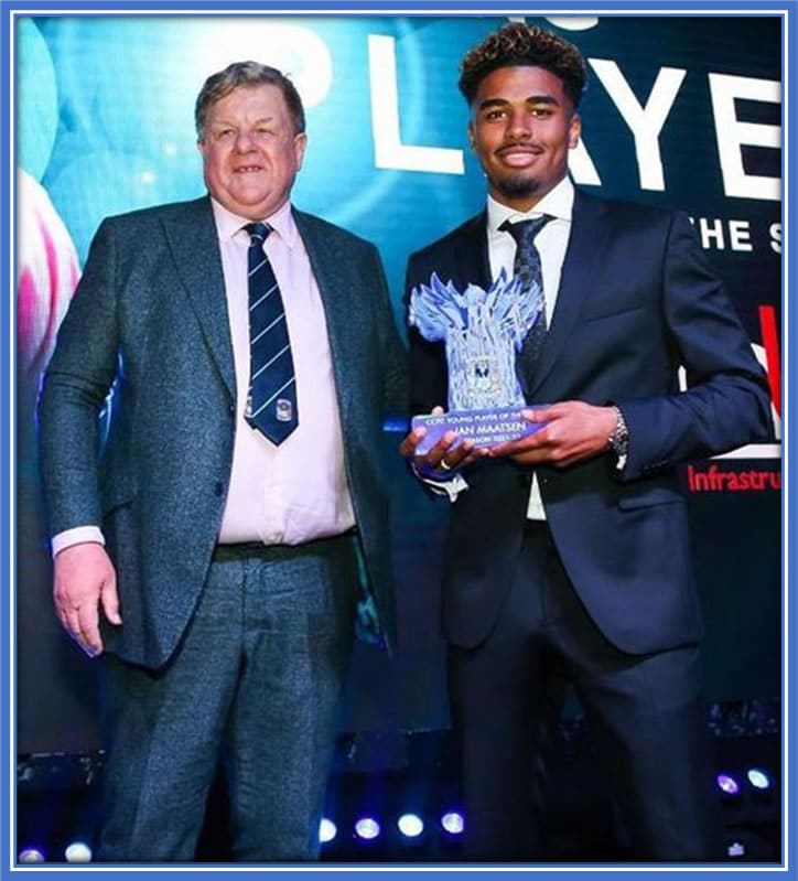 Excelling in his temporary home, the young star earned the 2021–2022 Young Talent of the Season award with Coventry City. Credit: Instagram/maatsen_.