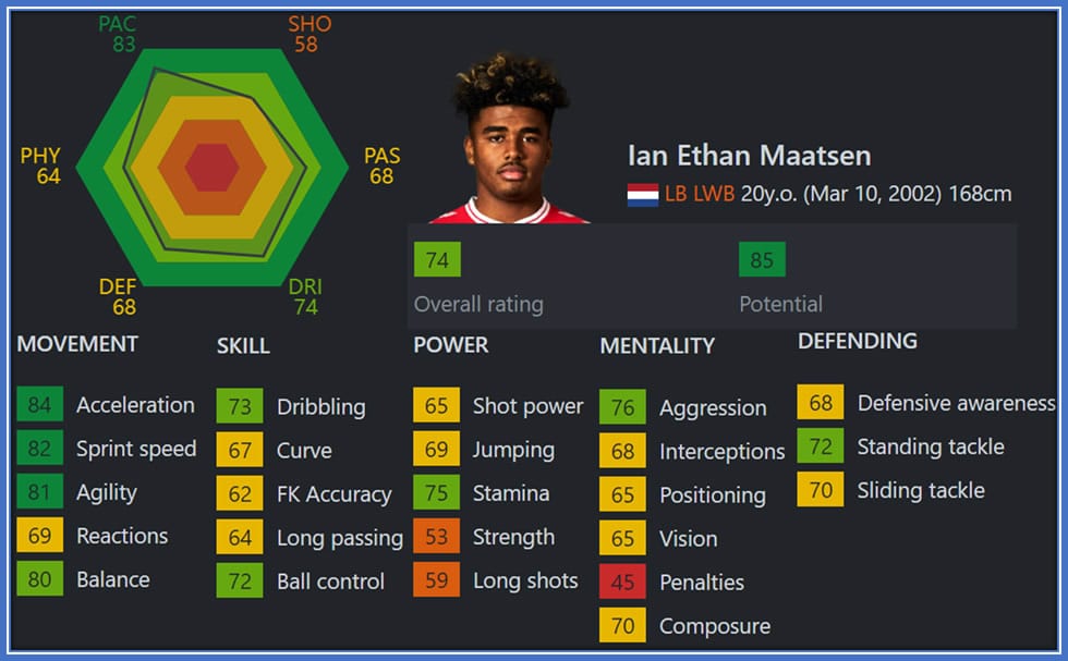 At just 20, Ian shines with potential in his left-back role, lacking nothing in football below the 50 average (except penalties). Credit: SoFIFA.