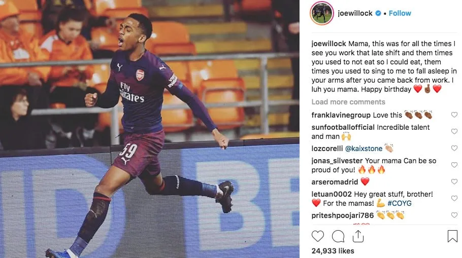 Joe Willock dedicated Goal to his Mum in a sweet message which attracted more than 24K likes.