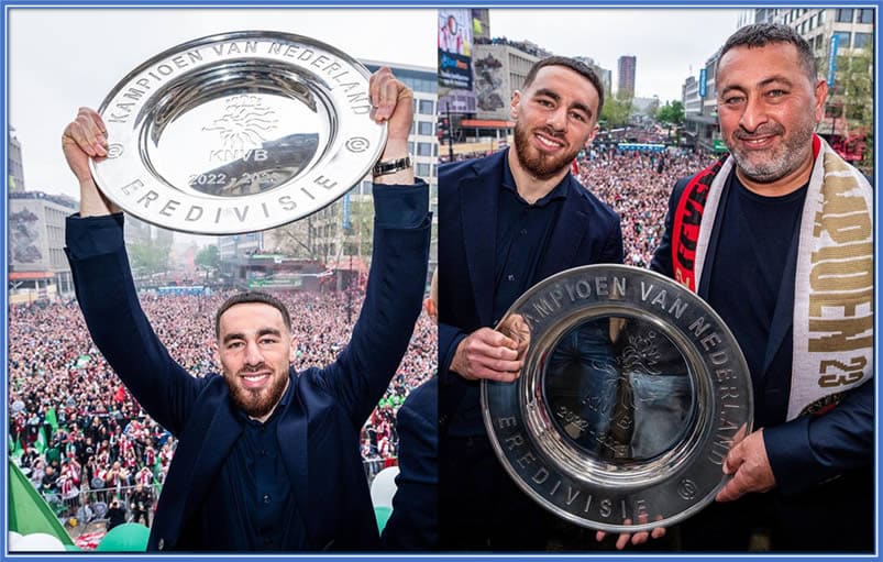 Halis Kökçü beams with pride as he celebrates his son's triumph in the 2023 Eredivisie championship. Image: Instagram/Orkunkokcu.