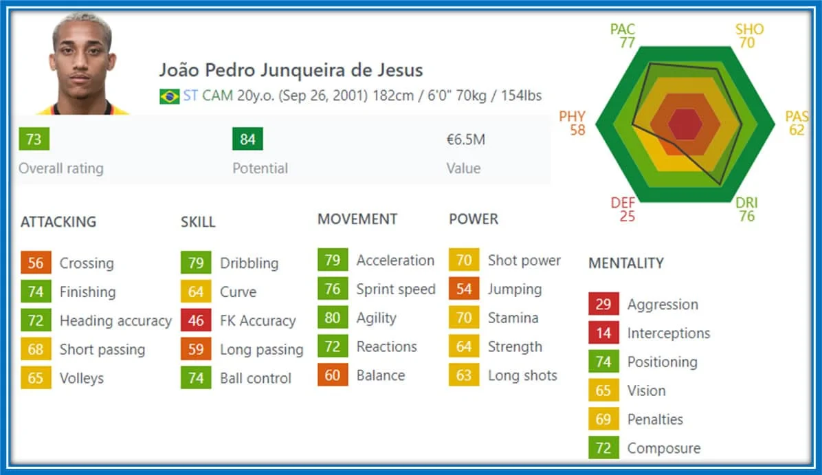 According to his FIFA stats, Agility, Acceleration, Dribbling, Sprint speed, Ball control, etc., are his greatest football strengths. Credit: Sofifa