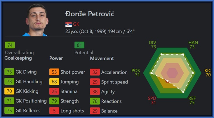 Rising Star in the Net: At 23, Djordje Petrovic boasts a promising future in goalkeeping with a potential rating of 81 and an overall score of 74 on SOFIFA.