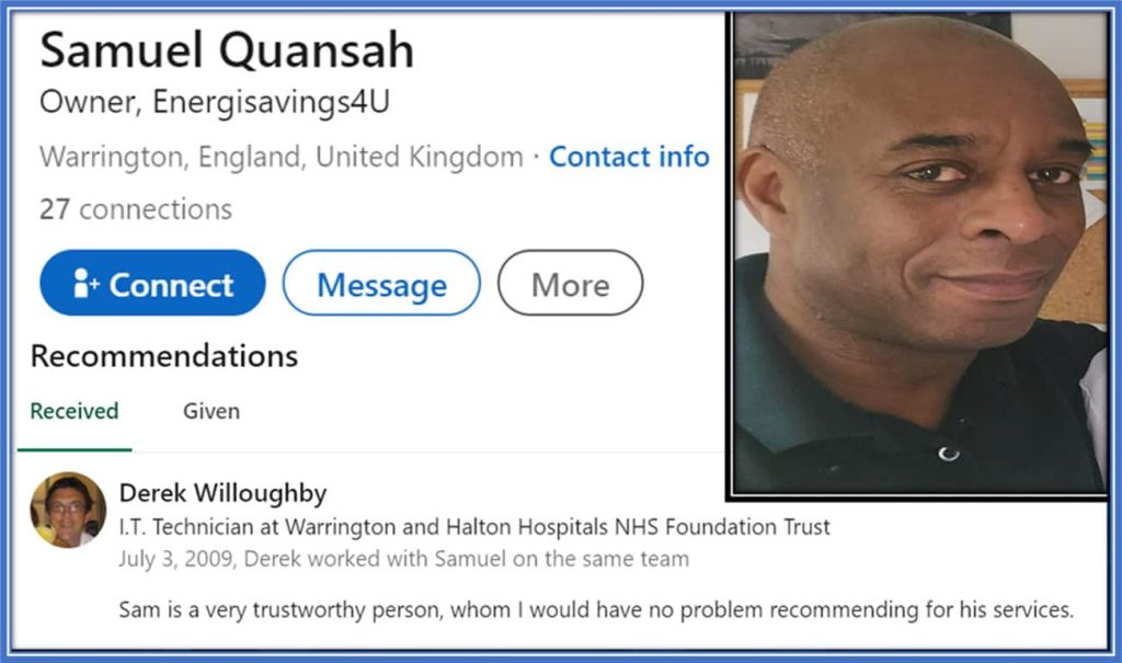 A LinkedIn profile of Samuel Quansah from Warrington, England, likely belonging to Jarell Quansah's father, indicates he is an energy expert and the owner of Energysavings4U. Source: LinkedIn.