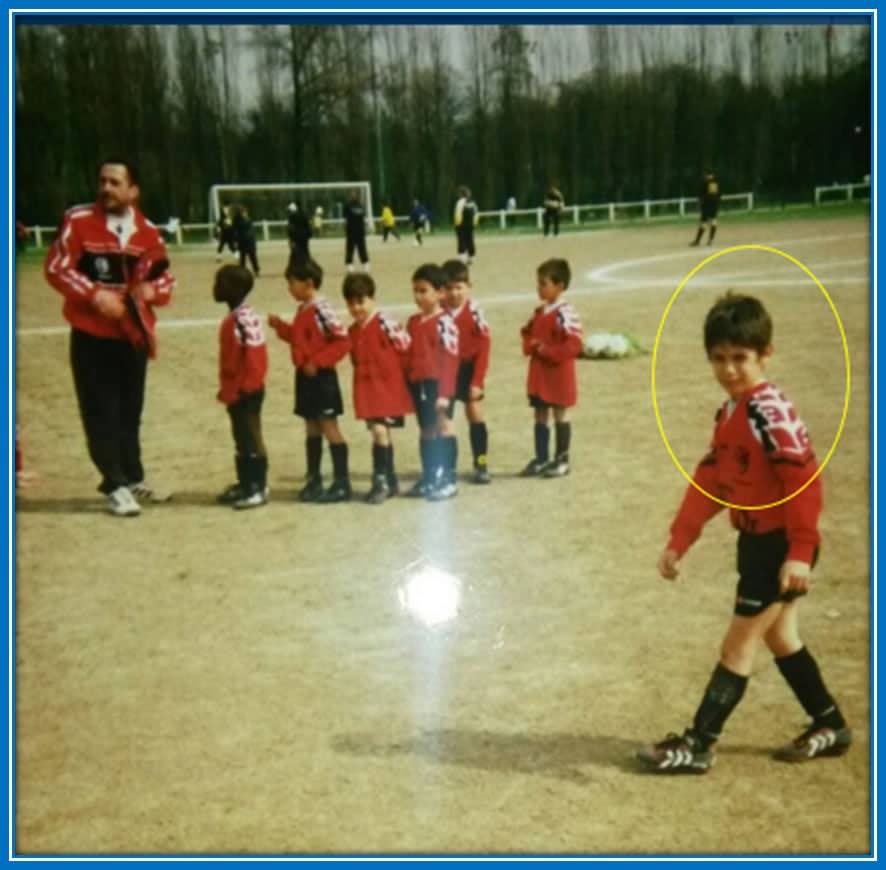 Behold the newbie in his football outfit on the field with other boys during his early years in Stade. Picture: BRUZZ