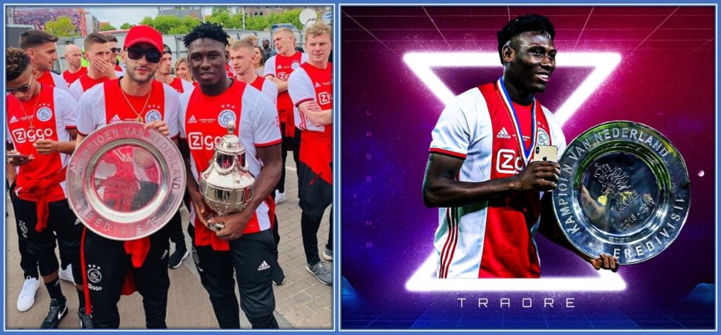 Lassina is pictured alongside his friend, Hakim Ziyech, as they celebrate their Ajax trophies.