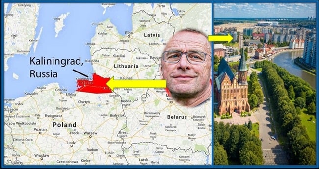 This map explains Ralf Rangnick's Father's origin. He is from Königsberg (now Kaliningrad), a Russian owned country.