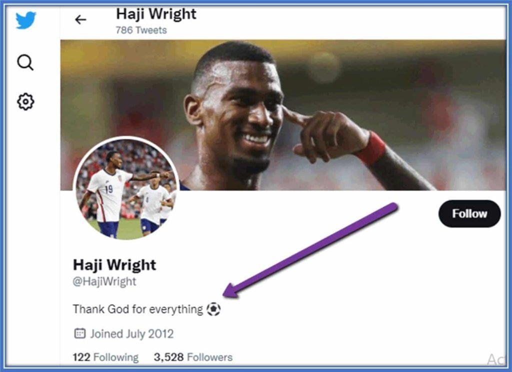 The motto on Haji Wright's Twitter states, 'Thank God for everything.