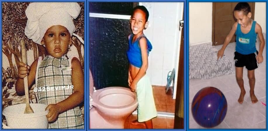 Neymar as a child. He is pictured providing a helping hand to his mum, using the toilet, and kicking a ballon.