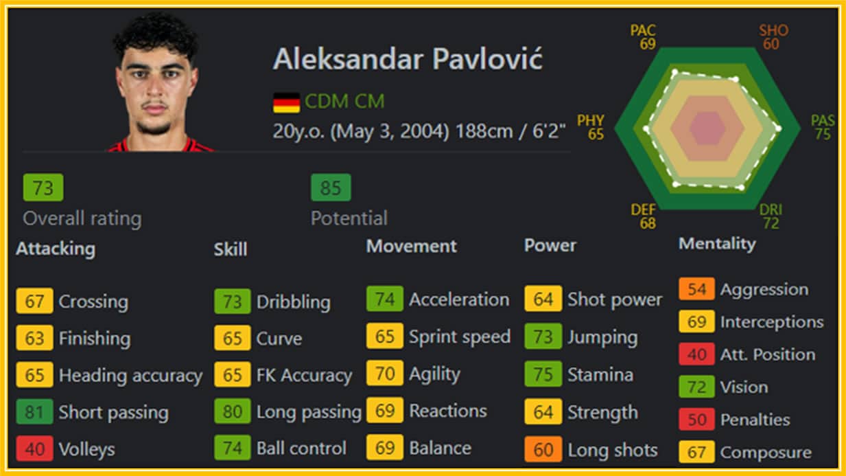 Fifa's Analysis of Aleksandar Pavlovic's Football Assets.