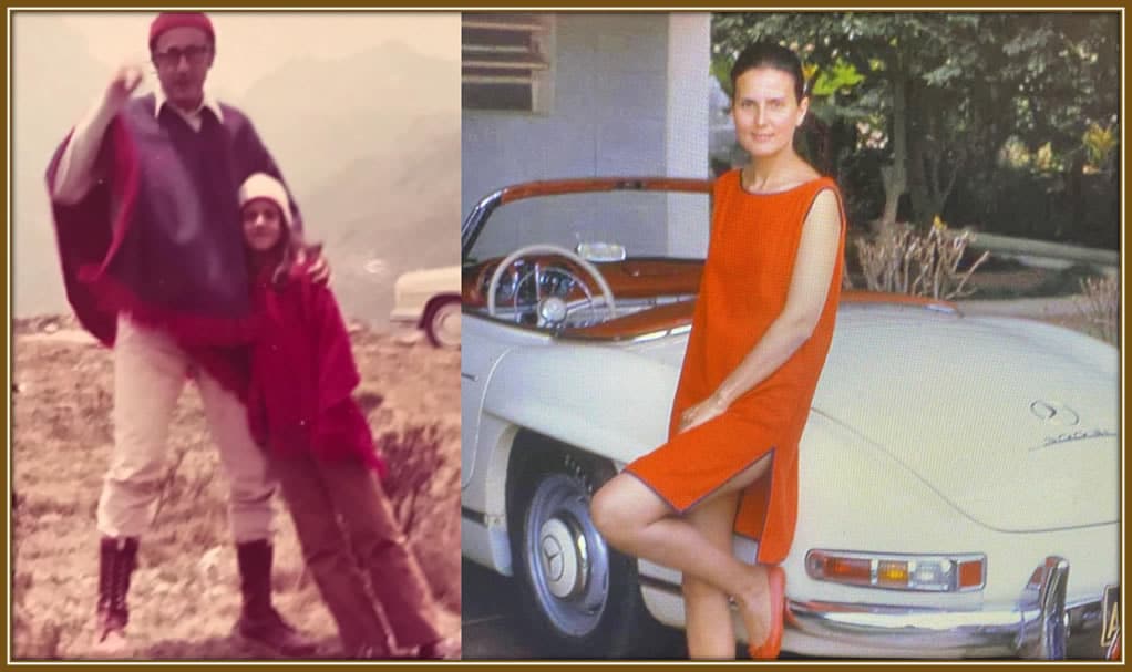 Adriana shares a joyful moment with her father, reflecting their close bond, while her elegant mother stands nearby, posing gracefully beside a classic Mercedes Benz. A beautiful snapshot of family love and timeless style.