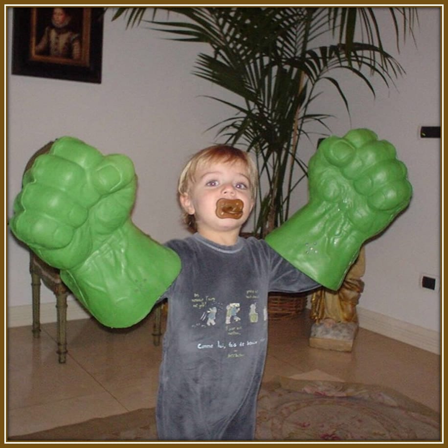 Young Daniel Maldini, with his oversized Hulk gloves, strikes a superhero pose, showing the early spirit of a boy ready to take on the world—one adventure at a time.