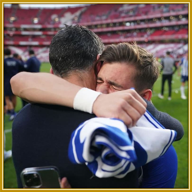 The moment is smile-worthy as Francisco Conciecao's father hugs his son after winning a trophy in Porto. Picture: Instagram@francisco.conceicao7