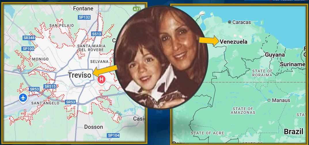 Exploring Daniel’s rich heritage: a map highlighting Treviso, Italy, and Venezuela, alongside a cherished childhood moment with his mother, Adriana. Together, they embody the beautiful blend of cultures that shape his identity.