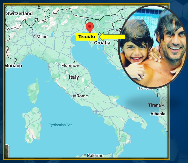 This map highlights Trieste, the city that holds the roots of Daniel Maldini’s family heritage.