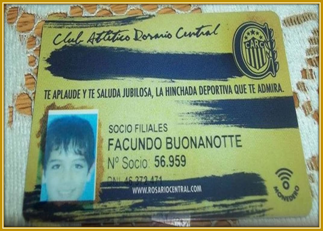 Facundo Buonanotte's first official ID card from his time at Rosario Central's youth academy, marking the beginning of his football journey at just 10 years old.