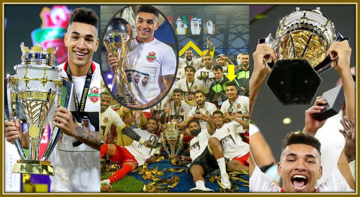 He celebrates with his Shabab Al Ahli teammates after securing well-earned trophies.