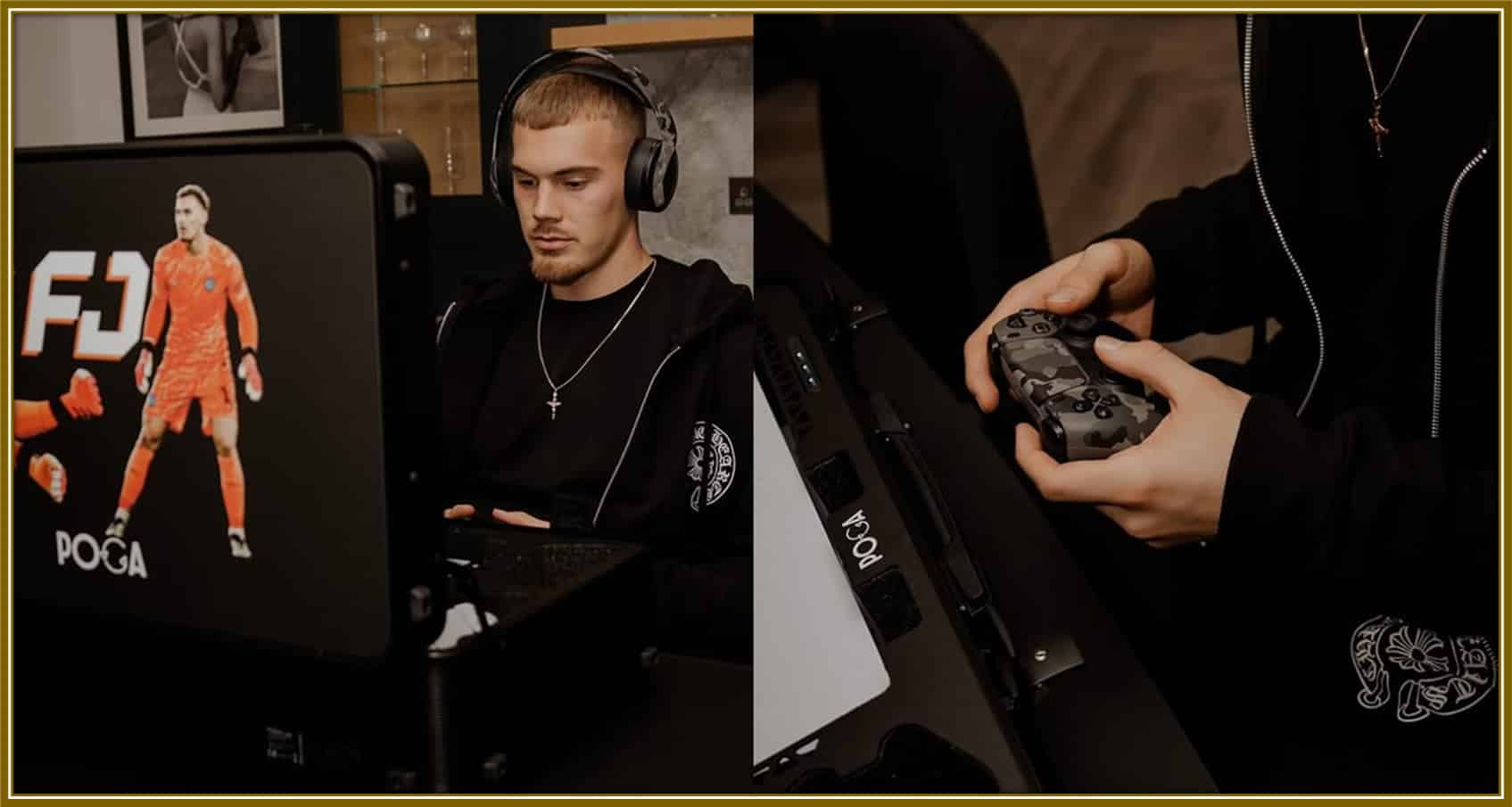 Filip Jörgensen unwinds in style, enjoying an intense gaming session on his sleek POGA setup—because the competition doesn’t stop off the pitch!