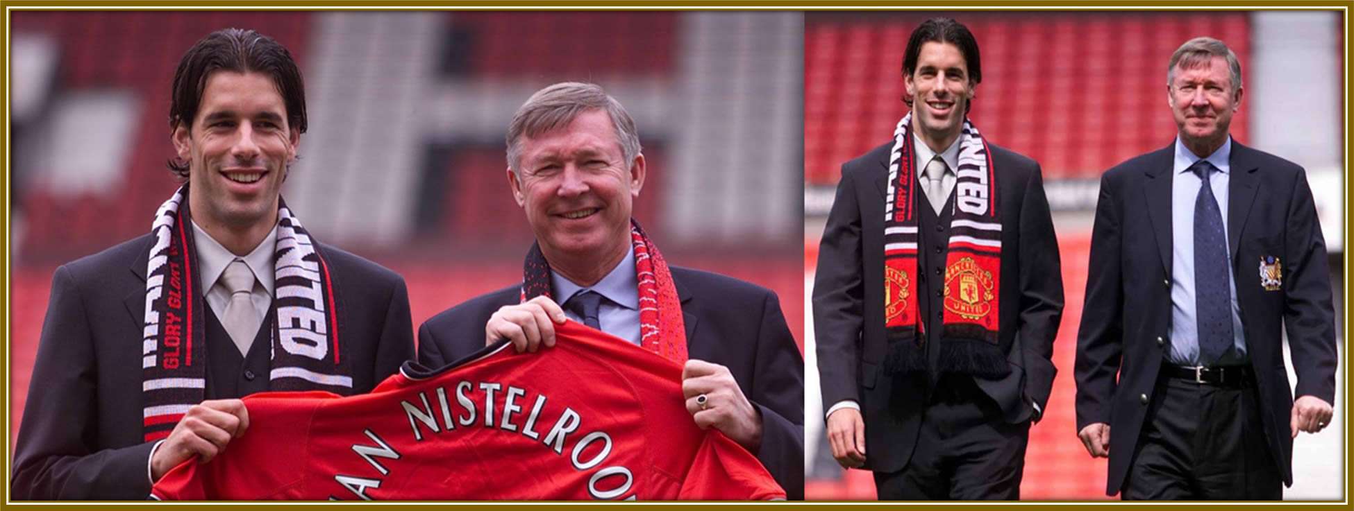 Sir Alex Ferguson beaming with delight as he completes the signing of Ruud van Nistelrooy, marking the beginning of a successful partnership at Manchester United.