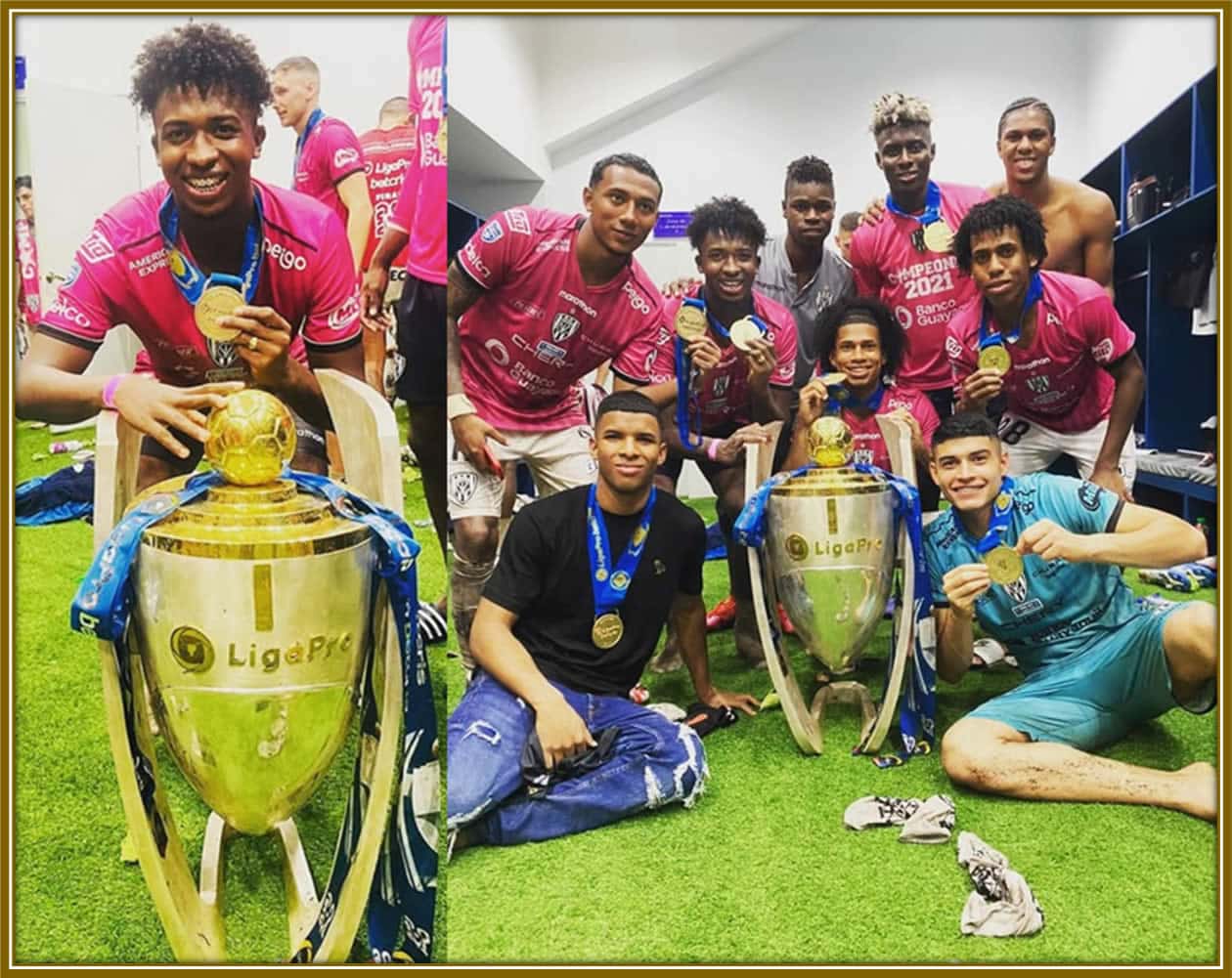 Willian Pacho and his teammates celebrate their unforgettable victory, clinching the 2021 Ecuadorian Serie A title, a moment of triumph that marked the beginning of Pacho's European journey.