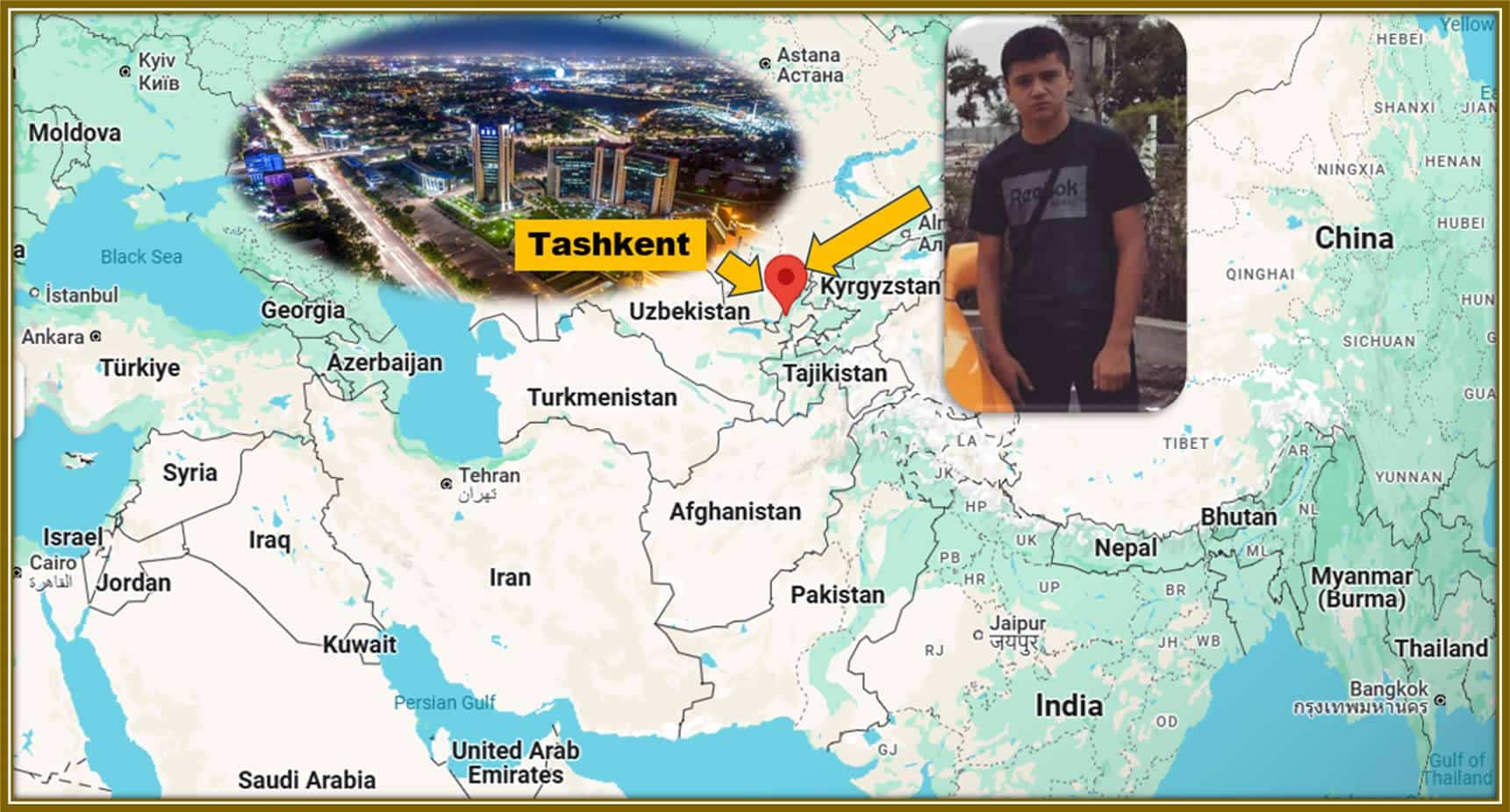 Discovering Abdukodir Khusanov's Roots: A Google Map View of Tashkent, Uzbekistan, with a Glimpse of Surrounding Countries.