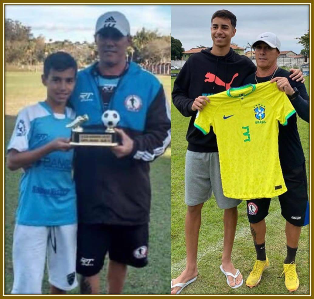 Celebrating with his grassroots coach at R10 Academy in Paraíba just before joining Palmeiras’ academy in 2016 at the age of 10. Also pictured here with his coach after receiving his call-up to the Brazil U16 team in 2022.